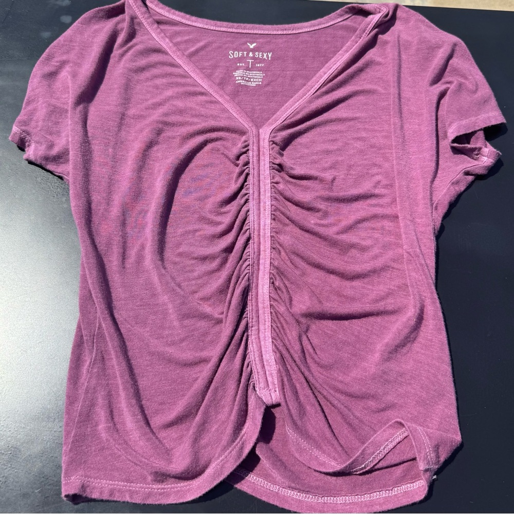 American Eagle Outfitters Pink Ruched Short Sleeve Blouse